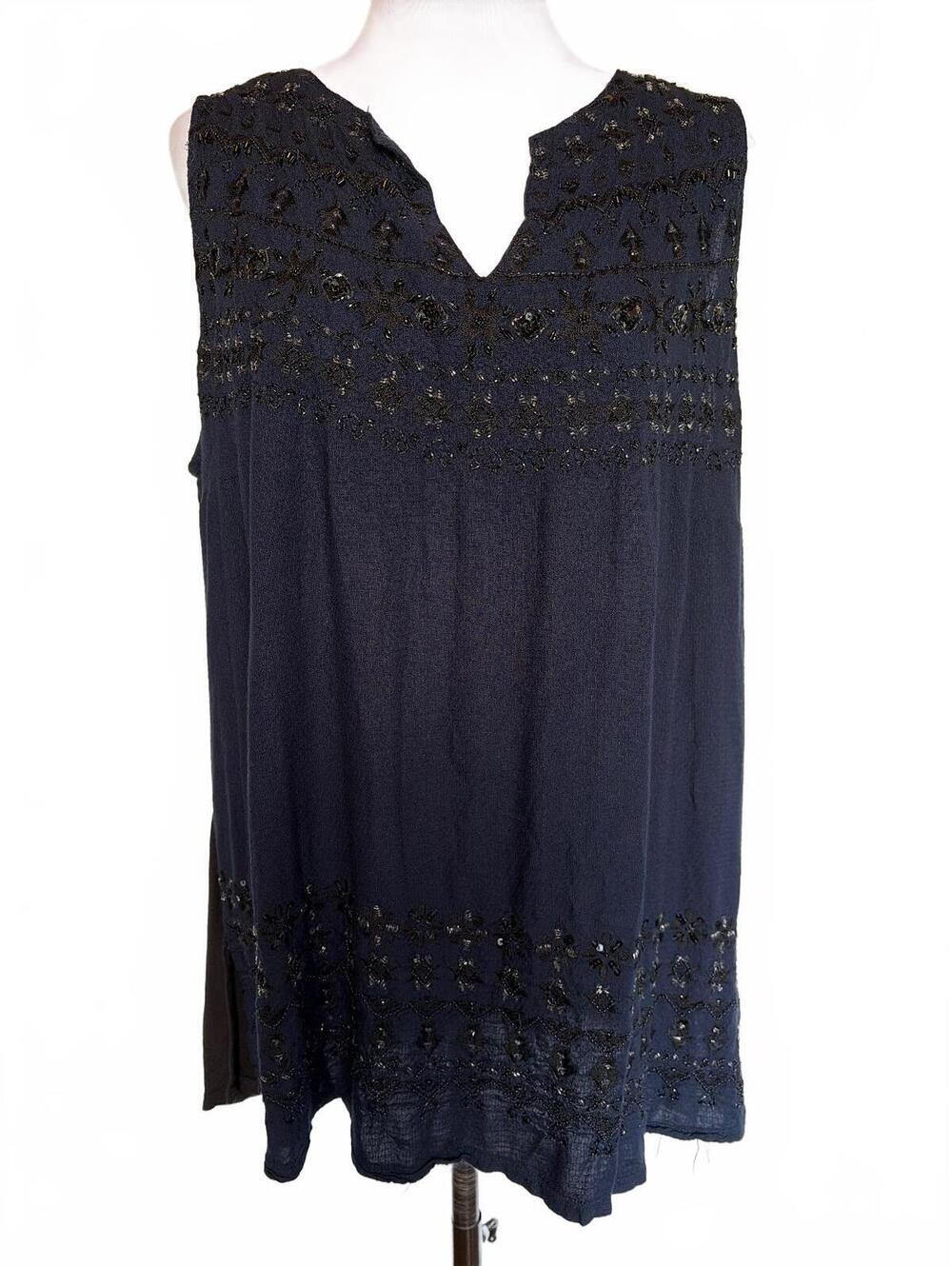 Lucky Brand Plus 2X Navy Beaded Embroidered Sleeveless Tunic Top Boho Romantic